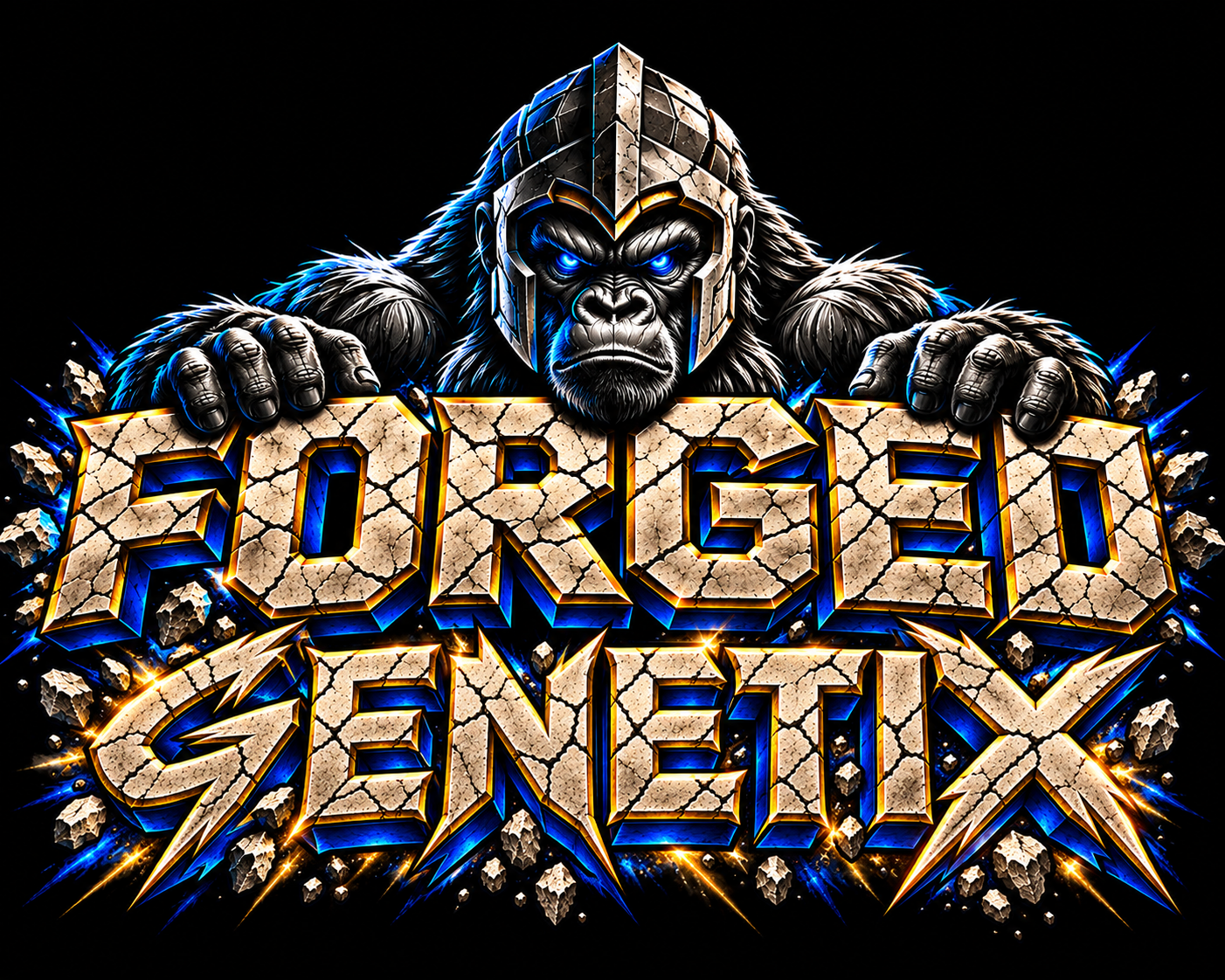 Forged Genetix: a blue-eyed gorilla in a Spartan helmet above cracked stone lettering