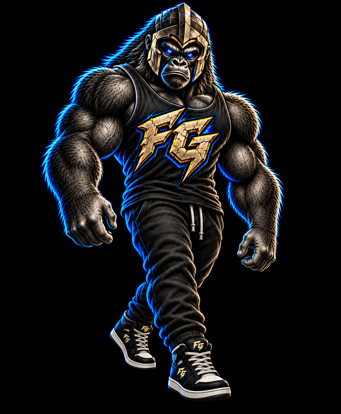 The Forged Genetix gorilla wearing a Spartan helmet and black FG training gear