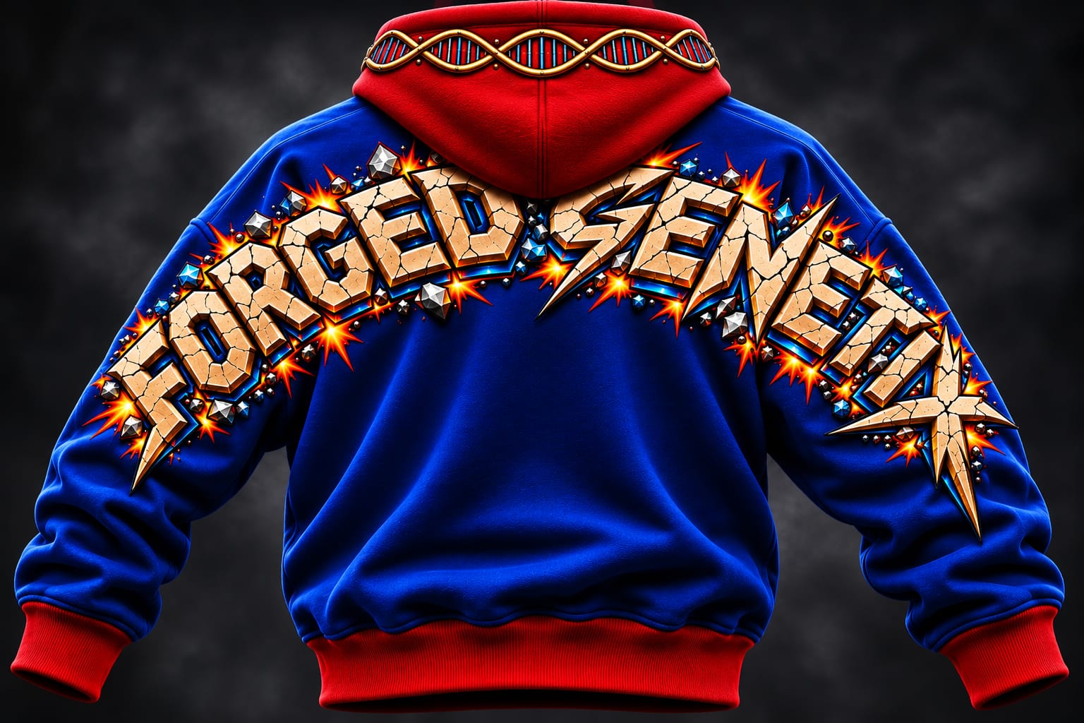 Forged Genetix hoodie concept, back view: electric blue with a red hood and large stone-effect Forged Genetix lettering