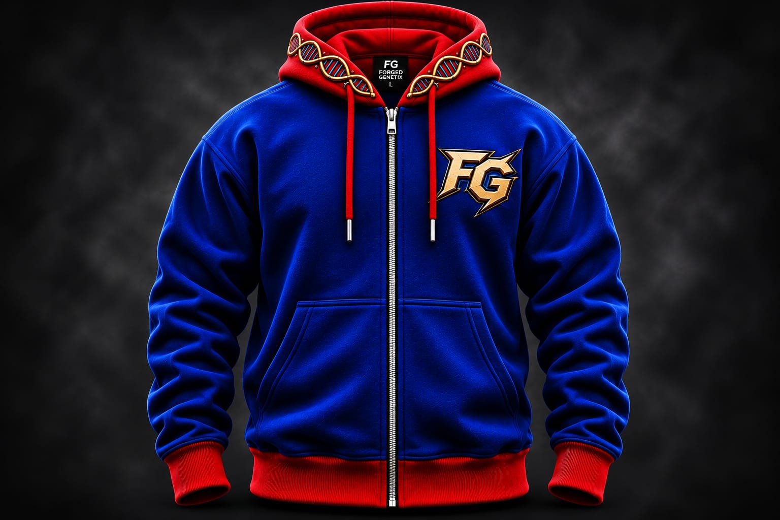 Forged Genetix hoodie concept, front view: electric blue with red trim and a gold FG chest logo
